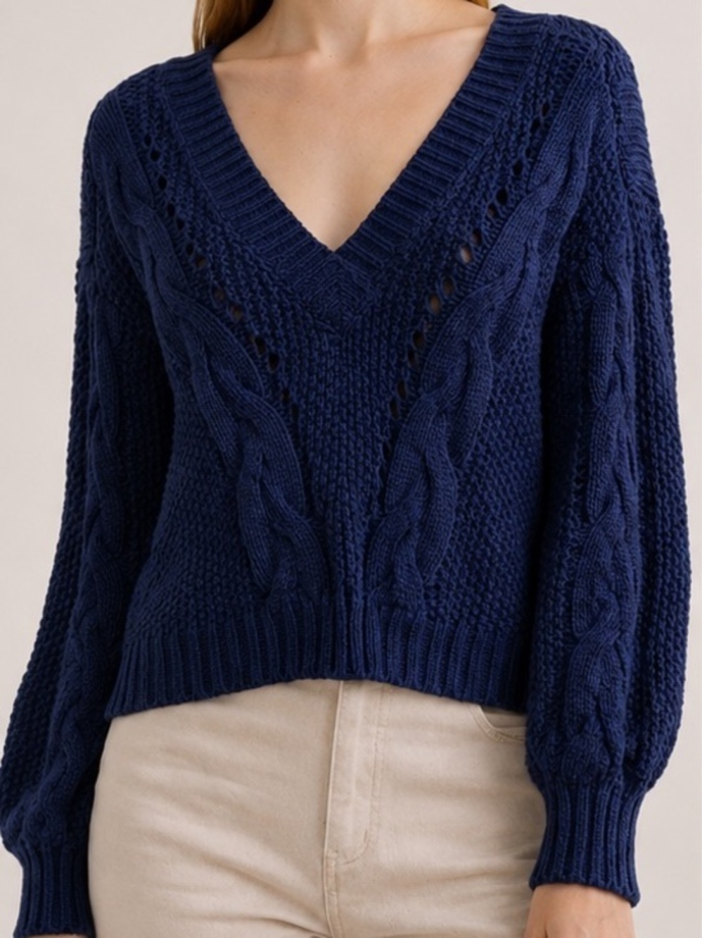 For Love & Lemons Blue Cable Knit V-Neck Balloon Sleeve Sweater Boho Crop